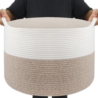 OEM Cesta Grande De Mimbre/algod&oacute;n Marr&oacute;n Para La Ropa Sucia, 83 L (55 Cm De Di&aacute;metro X 35 Cm De Alto), Cesta Hecha A Mano Con Asas Para Juguetes