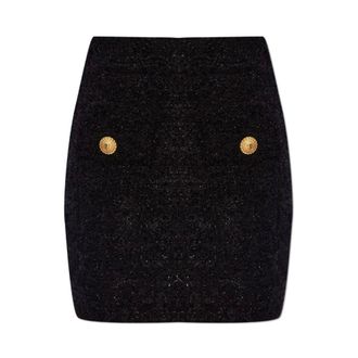 Balmain Short Skirts, female, Black, Size: M Black Tweed Mini Skirt with Gold Details