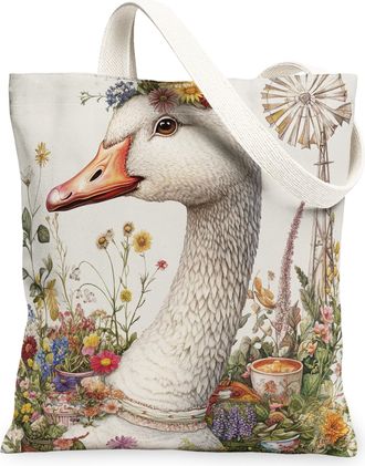 Generic Spring Goose Poultry Canvas Tote Bag for Shopping 13x15, Farmhouse Country Animal Reusable Grocery Print Bag for Women, Farm Wildflower Beach Aestheti
