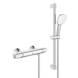 GROHE Grohtherm 1000 Doucheset - thermostatische douchekraan - met rozetten - met glijstangset - 60cm - vierkante handdouche - 2 straalsoorten - gladde douc