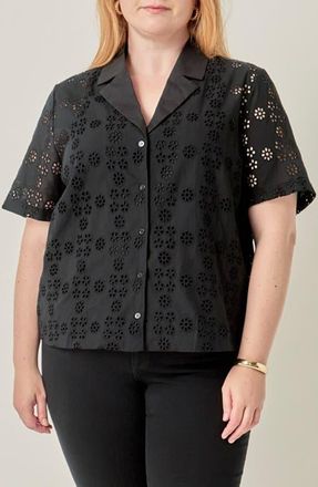 English Factory Embroidered Eyelet Cotton Camp Shirt in Black at Nordstrom, Size 3X