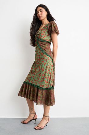 Warehouse Womens Mixed Floral Georgette Lace Insert Tendril Hem Midi Tea Dress - Size 16 UK