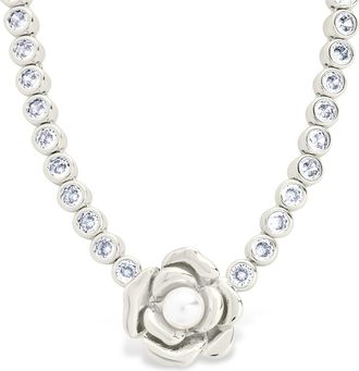 Sterling Forever Rosa Pearl Flower CZ Tennis Necklace
