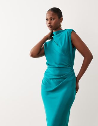 Asos Vestito midi in raso verde-azzurro chiaro accollato con corpino a pieghe-Blu