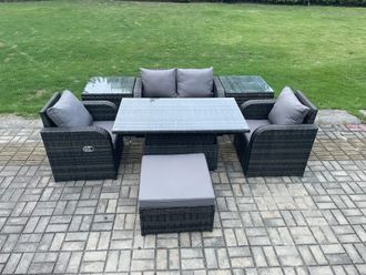 Fimous Outdoor Rattan Furniture Garden Dining Set Height Adjustable Rising lifting Table Love Sofa With 2 Side Tables in Dark Grey