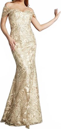 Jovani Shawl Sleeves Embroidered Dress In Champagne