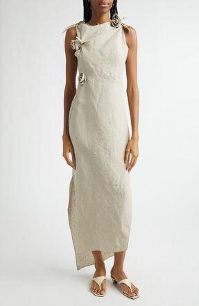 Coperni Rosette Cutout Asymmetric Linen Gown in Beige Bei at Nordstrom, Size Large