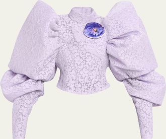 Marc Jacobs Bonded Lace Puff-Sleeve Crop Top