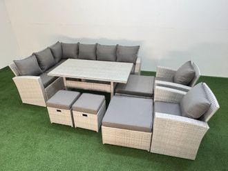 Fimous 12 Seater Rattan Garden Furniture Set Table 2 Chairs 4 Footstools in Light Grey