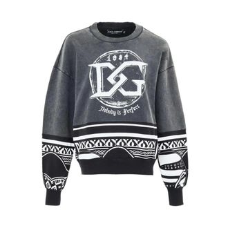 Dolce & Gabbana Sweatshirts, male, Black, Size: XS Cotton Crewneck Sweatshirt with Ribbed Cuffs and Hem