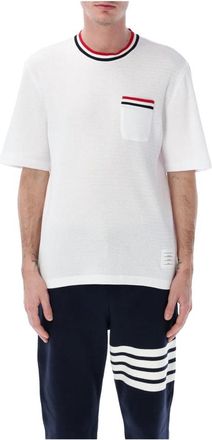 Thom Browne T-shirt met korte mouwen- streepdetails en borstzak - Heren - T-shirts - Wit - L - Katoen - Tops