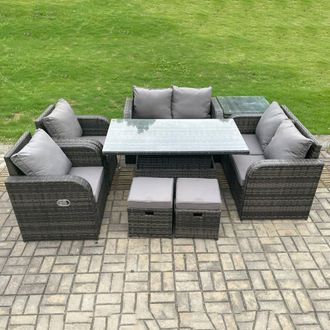 Fimous Outdoor Rattan Garden Furniture Set Patio Height Adjustable Rising lifting Dining Table Love Sofa With Side Table in Dark Grey
