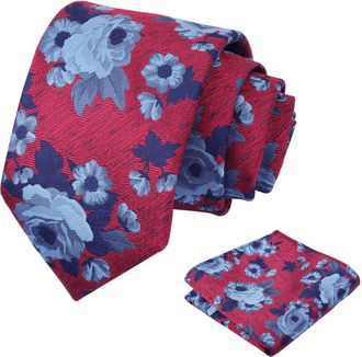 Alizeal Mens Floral Tie and Pocket Square Wedding Groomsmen Party Retro Flower Patterned Necktie Set, Red+Navy Blue