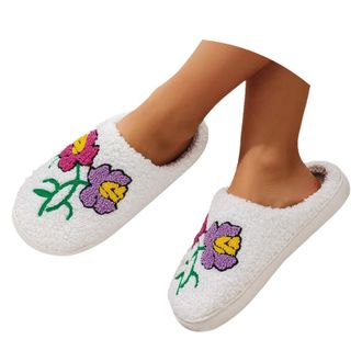 Generic Flower Slippers Women Floral Slippers Women Fluffy Plant Printed Slipper Slip On House Shoes Plush Mule Slipper Slip-Resistance Bedroom Sliders For In