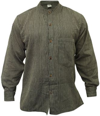 Shopoholic Fashion Stripe Grandad Shirt for Men, Handloomed Cotton Long Sleeve Band Collar Hippie Clothes, Black, L