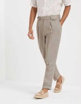 Brunello Cucinelli Mens Sage Linen Pleated Trousers, Size 54