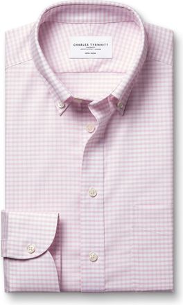 CHARLES TYRWHITT Button-Down Non-Iron Stretch Oxford Check Cotton Shirt - Pink Single Cuff Size 15.5/33 by Charles Tyrwhitt