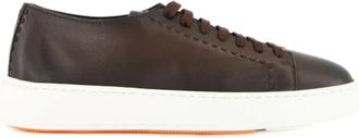 Santoni Bruine Leren Sneakers Clean Row - Heren - Sneakers - Bruin - 43 1/2 EU - Leer - Schoenen