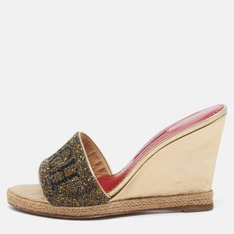 Carolina Herrera Metallic Glitter And Leather Wedge Espadrille Slide Sandals