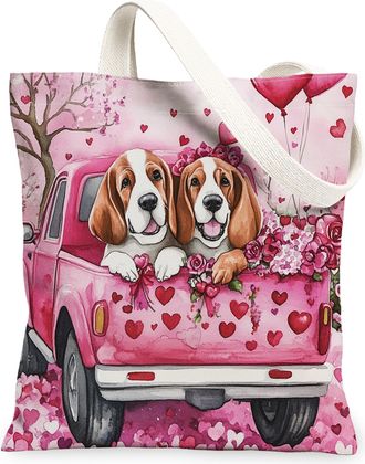 Generic Valentines Day Bloodhound Dog Canvas Tote Bag for Shopping 13x15, Fun Truck Puppy Reusable Grocery Print Bag for Women, Couple Beach Aesthetic Paintin