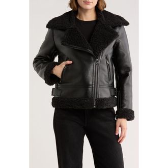 Hudson Faux Shearling & Faux Leather Moto Jacket in Black at Nordstrom Rack, Size X-Small