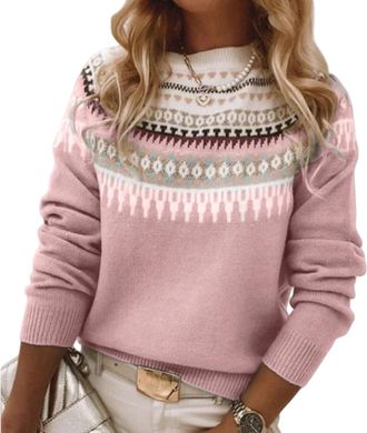 Generic Womens Fair Isle Sweater, Vintage Argyle Iceland Norway Boho Retro Casual Crew Neck Knitted Pullover Jumper Tops Fall Fashion (Pink,M)