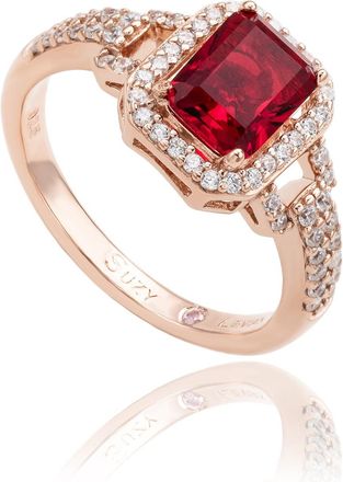 Suzy Levian Rose Sterling Silver Emerald-Cut Blue Tanzanite Pink Cubic Zirconia Halo Ring
