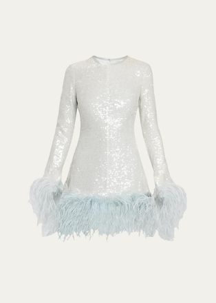 Markarian Althea Feather-Trim Sequined Long-Sleeve Mini Dress