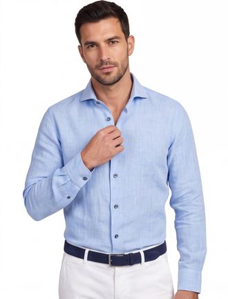 John Miller linnen business overhemd Tailored Fit lichtblauw effen