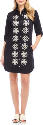 Karen Kane Embroidered Long Sleeve Cotton Shirtdress in Black/Cream at Nordstrom, Size X-Small P