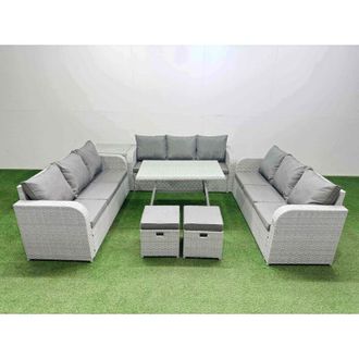 Fimous 11 Seat Outdoor pe Rattan Garden Furniture with Cushions 3 Seater Sofa Side Table 2 Small Stools Light Grey - Fimous