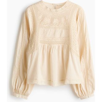 H&M Lace-inset Cotton Blouse in Light Beige at Nordstrom, Size X-Small