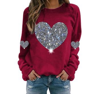 Generic Valentines Day Shirts Women Sequin Heart Printed Pullover Loose Round Neck Street T Shirt 3/4 Sleeve Y2K 2026 New Love Day Outfits Holiday Tops B-red