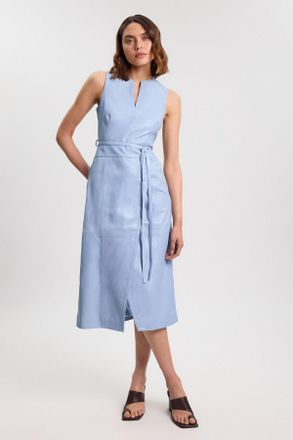 Karen Millen Womens Leather Tie Belted Midi Dress - Pale Blue - Size 14 UK