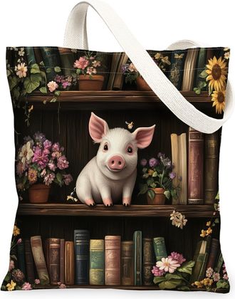 Generic Spring Pig Canvas Tote Bag for Shopping 13x15, Flower Bookshelf Animal Reusable Grocery Print Bag for Women, Fun Scenic Beach Aesthetic Painting Gift 