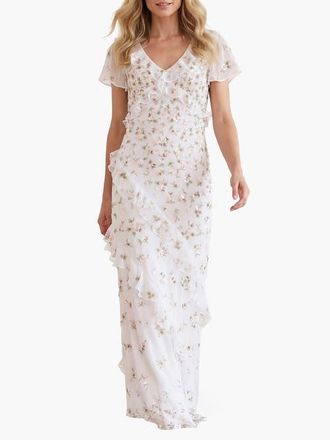 Needle & Thread Meadow Ditsy Georgette Gown in Swan White/peach at Nordstrom, Size 12