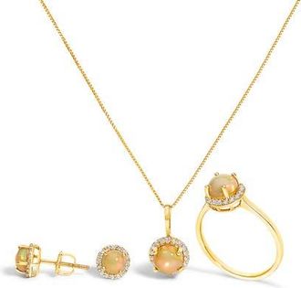 House of Brilliance 10K Gold Gemstone and 3/8 Cttw Diamond Halo Jewelry Set in Yellow | Multi Opal at Nordstrom