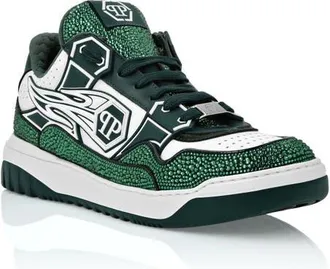 Philipp Plein Mix Leather Lo-Top Sneakers Strass Hexagon Men in White/green at Nordstrom, Size 43