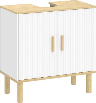 HOMCOM Homcom Mueble Bajo Lavabo, Mueble De Ba&ntilde;o Con Estante Ajustable, Puertas Acanaladas Y Patas De Madera, Para Lavabo Sin Pedestal, 60x30x61 Cm, Blanco