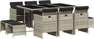 vidaXL Set De Comedor De Jard&iacute;n 11 Pzas Y Cojines Rat&aacute;n Sint&eacute;tico Gris Vidaxl