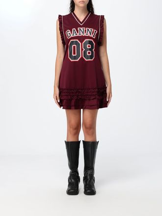 Ganni Sleeveless Cotton Mini Dress with Contrasting Logo and Flounces