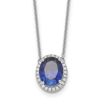 Diamond2Deal 14k White Gold Oval Created Sapphire and Diamond Halo Pendant Necklace