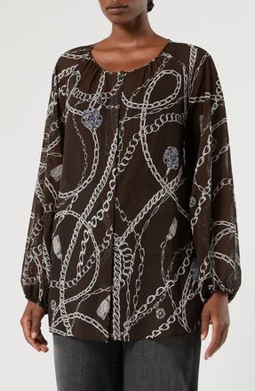 Marina Rinaldi Jewel Print Long Sleeve Georgette Tunic in Chocolate at Nordstrom, Size 18W