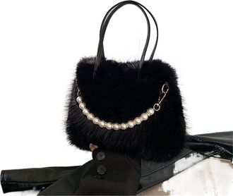 Generic Womens Plush Bags Winter Faux Fur Crossbody Bags For Womens Gift, Pearl Chain Decor Shoulder Bag, Ladies Handbags Top-handel(Black)