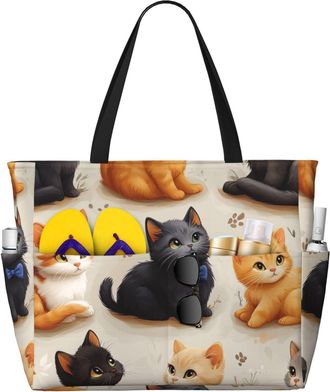 Generic Cute Cat Print Large Beach Bag Foldable Travel Shoulder Tote Bag With Pocket For Weekender Pool Vacation