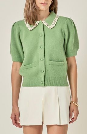 English Factory Lace Trim Puff Sleeve Cardigan in Sage at Nordstrom, Size X-Small