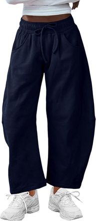 Generic Womens Barrel Leg Trousers, Casual High Waisted Barrel Sweatpants with Pockets Curved Wide Leg Sports Baggy Trousers for Women UK