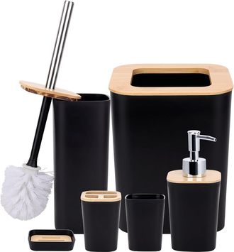 OEM Juego De 6 Accesorios De Ba&ntilde;o De Bamb&uacute;: Botellas De Loci&oacute;n, Jabonera Y Escobilla De Ba&ntilde;o
