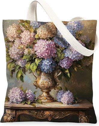 Generic Spring Farmhouse Hydrangea Canvas Tote Bag for Shopping 13x15, Rustic Farm Floral Reusable Grocery Print Bag for Women, Country Flower Beach Aesthetic