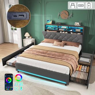 Matteo Grey Linen Double Bed Frame with 4 Drawers, RGB LED & Charging